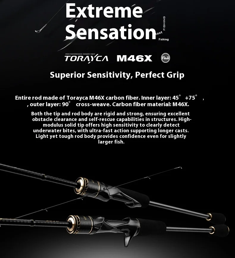 Detalle del blank de carbono TORAY M46X en la caña Luoweina Ultimate Feeling XF