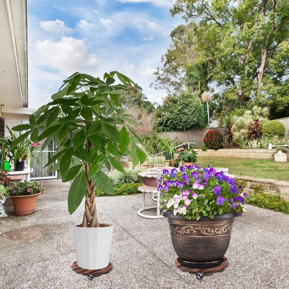 Carrito de plantas con ruedas, soporte para plantas rodantes, bandejas para macetas redondas de madera de alta resistencia de 220LB con Meta Wheels de 360 °, plataforma rodante para macetas de flores - imagen 5