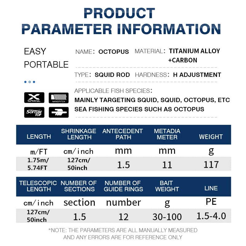 ROLLFISH-caña de pescar con punta de titanio, pulpo, calamar, sepia, 1,75 M/5,74 pies, acción 8:2, fundición de fibra de carbono, barco de agua salada, Jigging - imagen 3