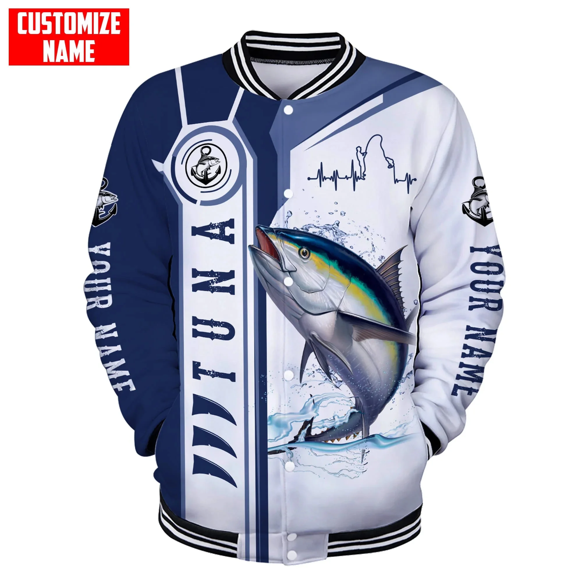 Chaqueta Bomber de pesca de Marlin azul con nombre personalizado impreso en 3D para hombre, chaqueta de béisbol cálida informal Unisex para invierno FX20 - imagen 5
