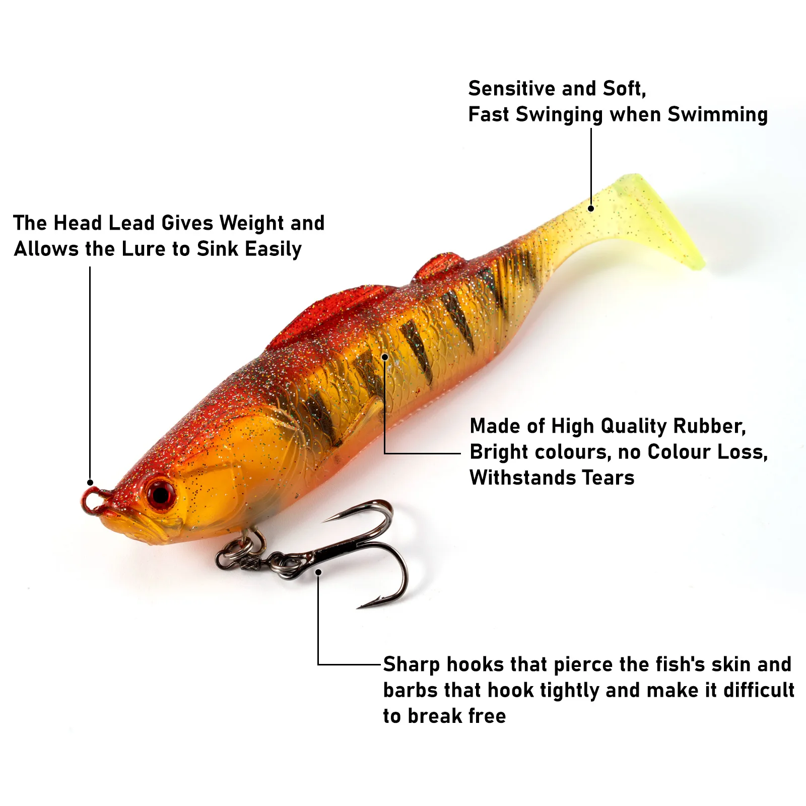 Señuelos de Pesca blandos, cabeza de plantilla de 12cm/27g, cola de paleta, anzuelo triple de goma grande, cebo Artificial para trucha, Zander, lubina, perca de agua dulce - imagen 5