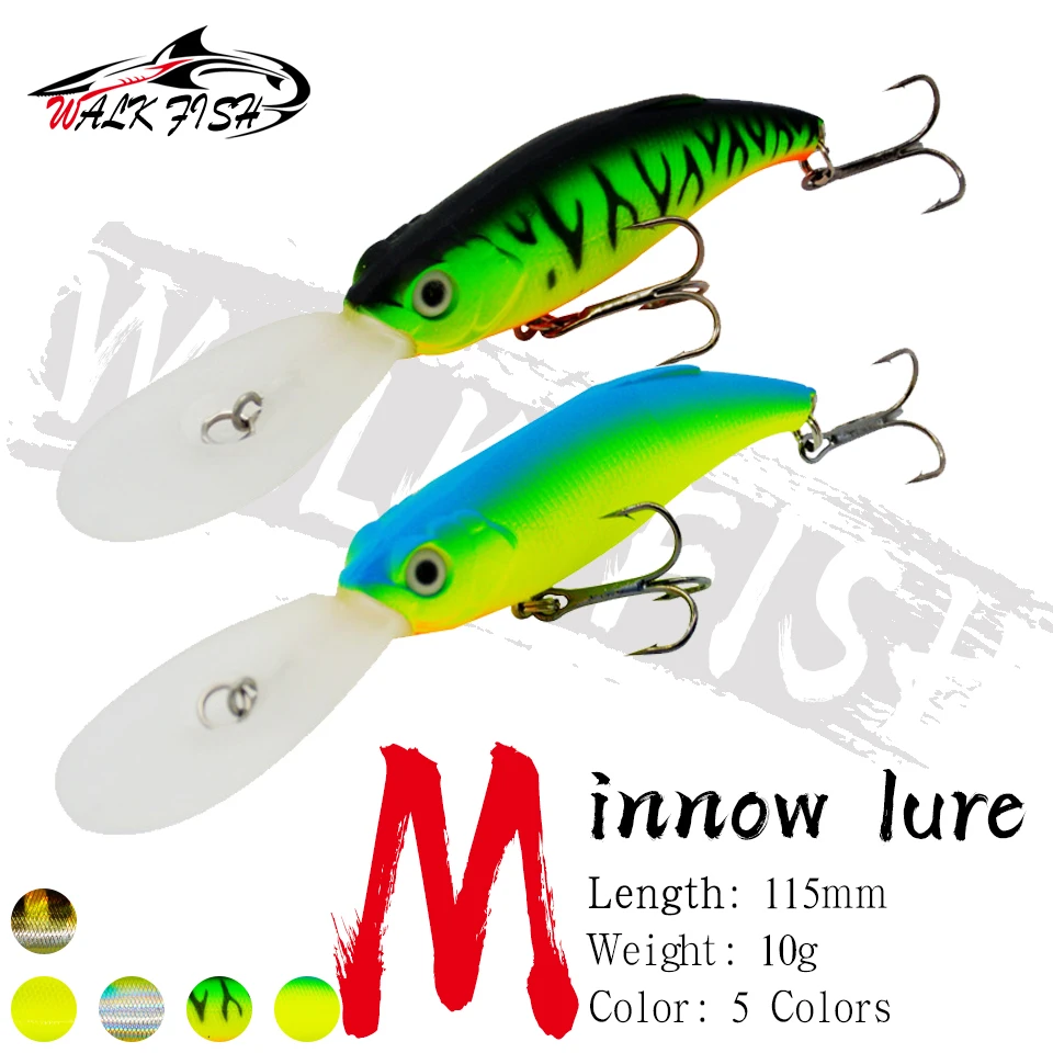 WALK FISH 1 Uds señuelo de pesca Minnow 115mm 10g Swimbait cebo Artificial 3D ojos de pez cebo duro Wobbler profundidad de buceo 2-4m 2 ganchos