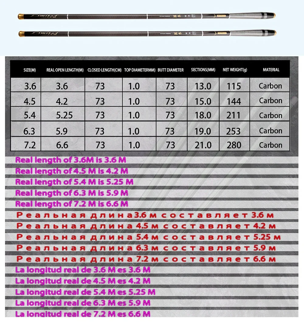 Caña de pescar telescópica portátil de carbono 3,6 M 4,5 M 5,4 M 6,3 M 7,2 M caña de pescar giratoria de carpa con hilo de nailon - imagen 5