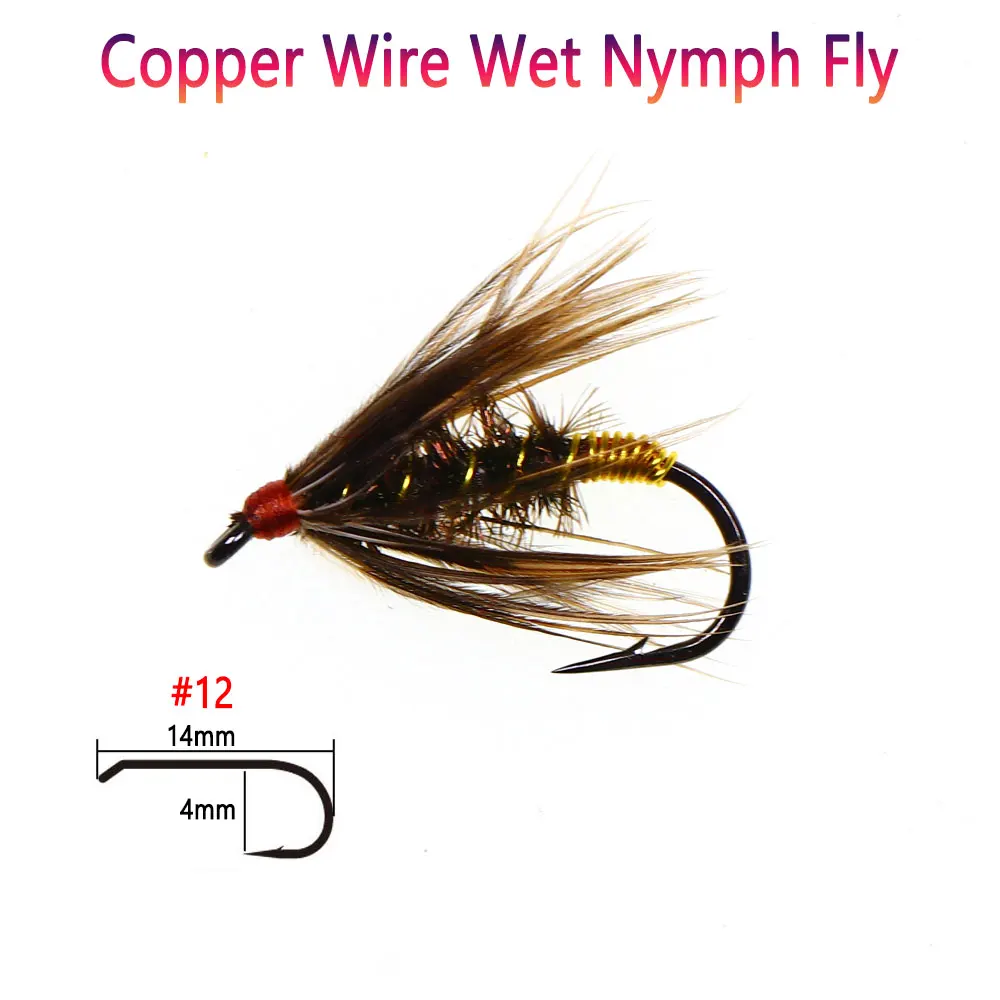 Bimoo 6PCS # 12 cola de faisán, alambre de cobre suave Hackle, mosca de ninfa húmeda, cebos de insectos artificiales para trucha, lubina, señuelos de pesca - imagen 2