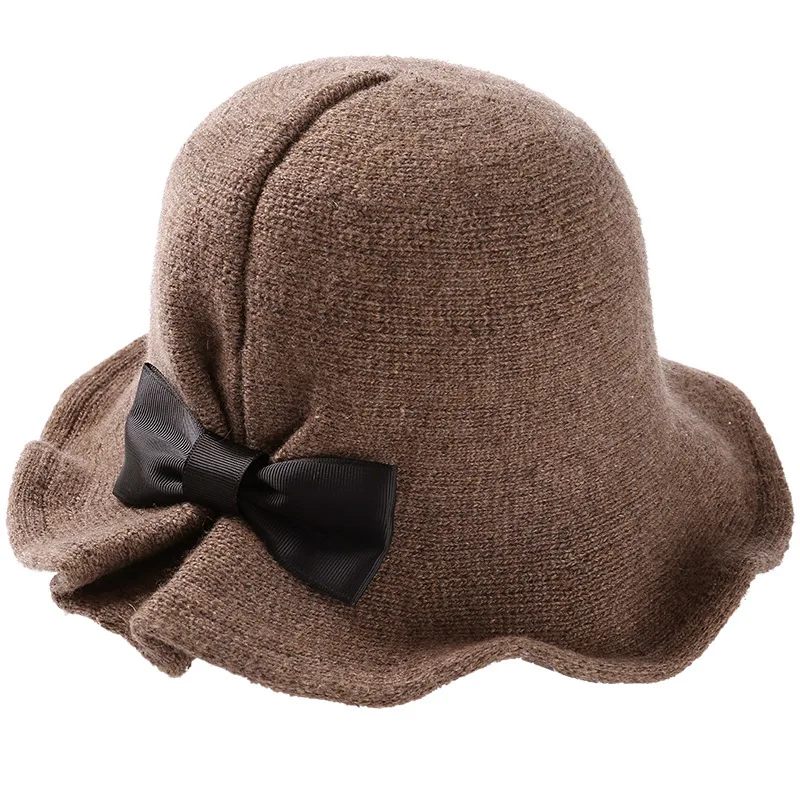 Sombreros de cubo de lana Vintage para mujer, sombrero de bombín con lazos a la moda, sombrero de pescador para mujer, sombrero de invierno negro café Camel oscuro - imagen 4