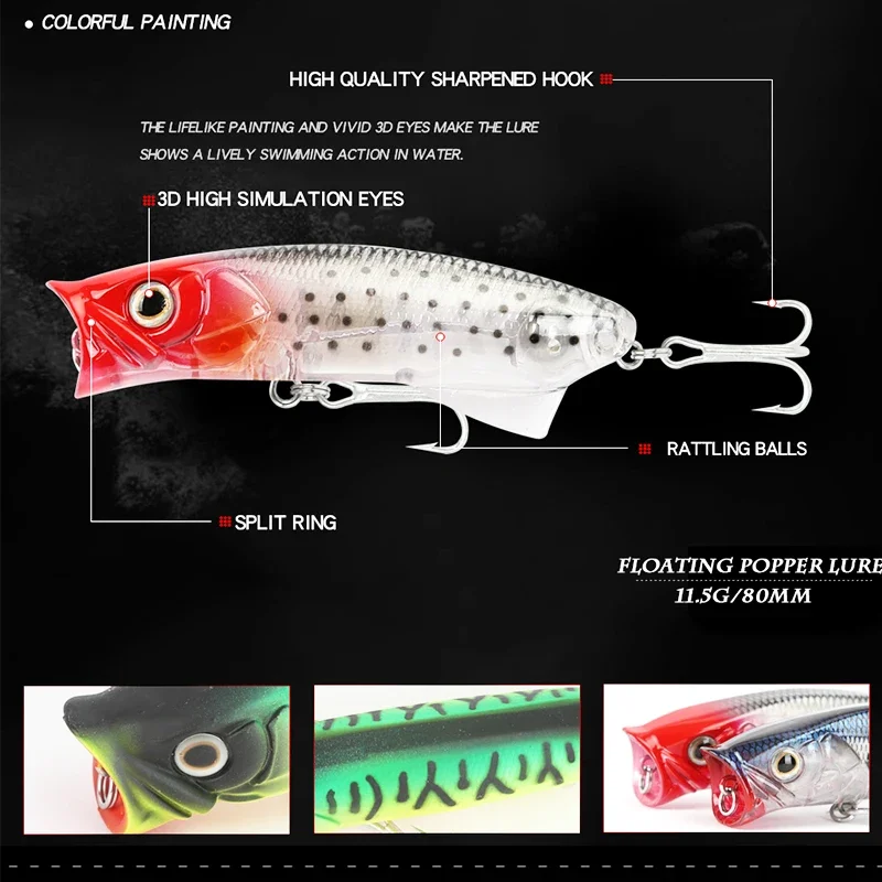 Señuelo de Pesca flotante de agua superior, 8cm, 11,5g, Popper Wobblers, Crankbaits, cebo duro Artificial, aparejos de Lucio, carpa, 1 ud. - imagen 4