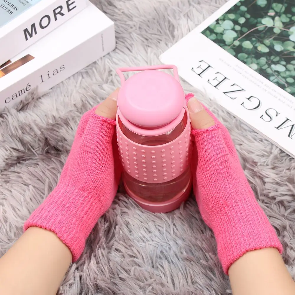 Mujeres Hombres mantienen el dedo caliente Color caramelo grueso cálido guantes cortos de punto mitones de medio dedo - imagen 3