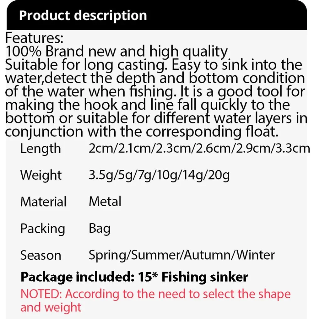 15 unids/lote peso de Pesca plomo 3,5g 5g 7g 10g 14g 20g tubo bala plomo colgante plantilla de Metal Kit de aparejos de mar herramienta de Pesca - imagen 2