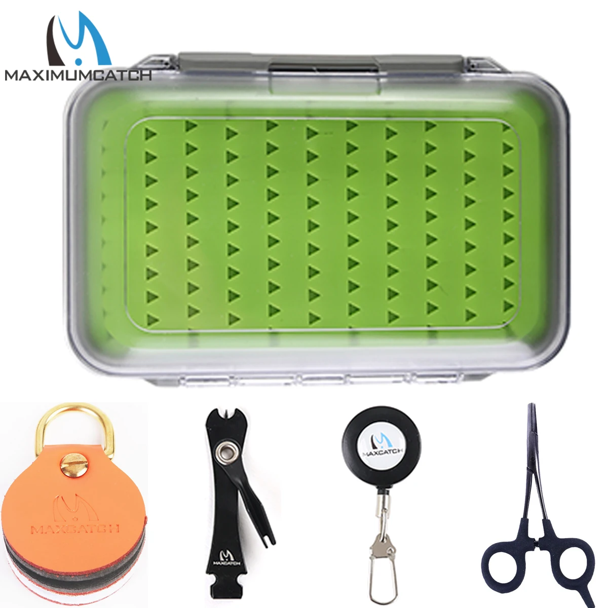 Kit de herramientas para pesca con mosca Maximumcatch, caja de inserción de silicona con pinza, pinzas, Zinger, herramienta líder