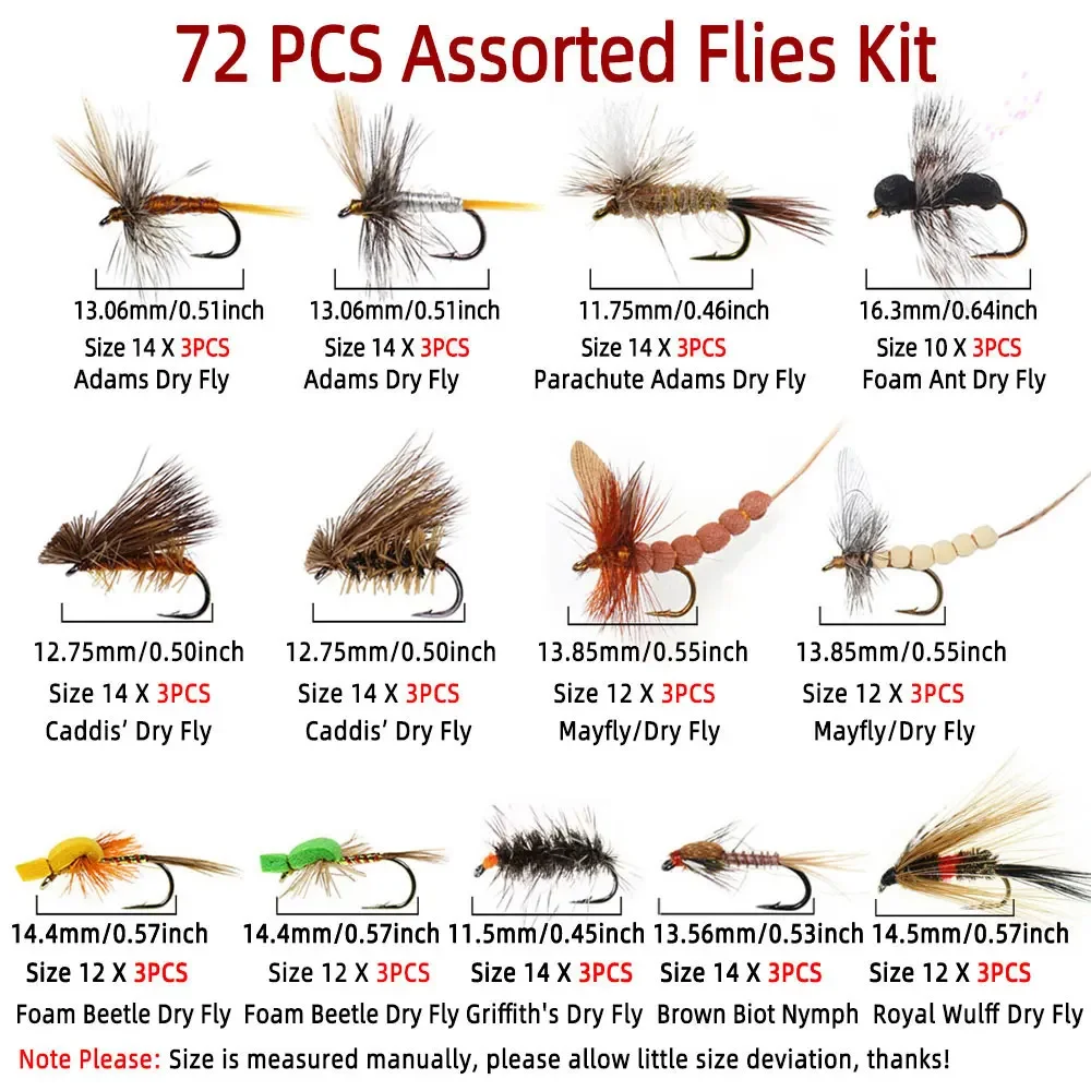 Bimoo 72 Uds Kit de moscas/caja Adams mosca seca mayfly moscas secas Caddisfly cabeza de cuentas ninfas húmedas lanoso Bugger Streamer trucha señuelo para peces - imagen 2