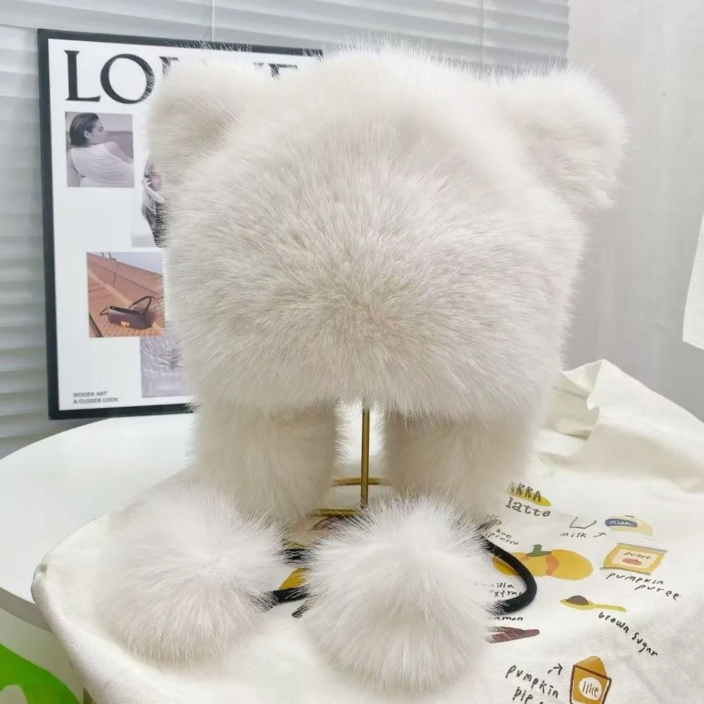 New Thickened Winter Hats for Women Keep Warm Imitation Fox Fur Furry Trapper Hat with Cute Tail Windproof Bomber Hat Winter - imagen 2