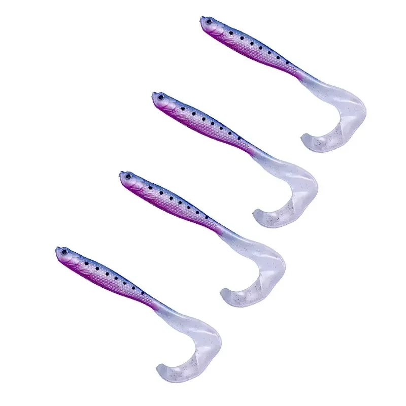 Señuelo de pesca de cola larga con cebo suave de silicona Artificial de 4 piezas con ojos 3D para pesca con caña