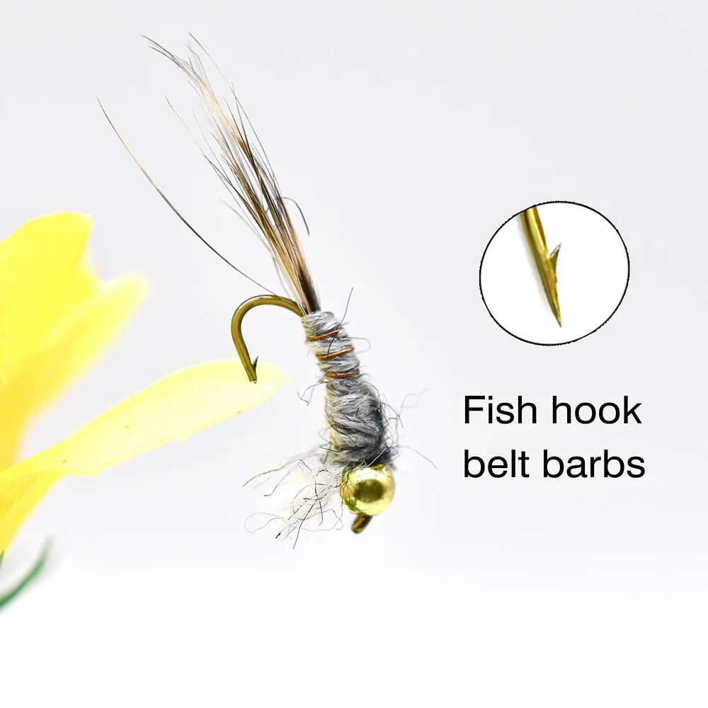 MNFT 10PCS 12 #   Cabeza de cuentas doradas Oreja de liebre gris Cola negra Ninfa Mosca Trucha Cebos de pesca con mosca - imagen 5