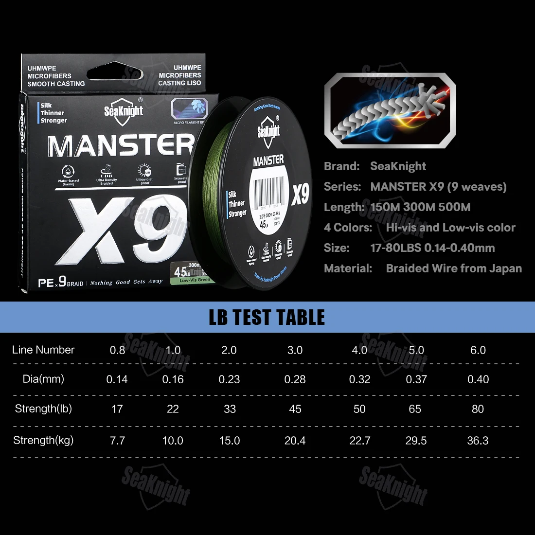 SeaKnight-sedal de pesca X9 de 500M, 300M y 150M, línea trenzada fina y fuerte de 9 hebras, tecnología de teñido a base de agua salada - imagen 5