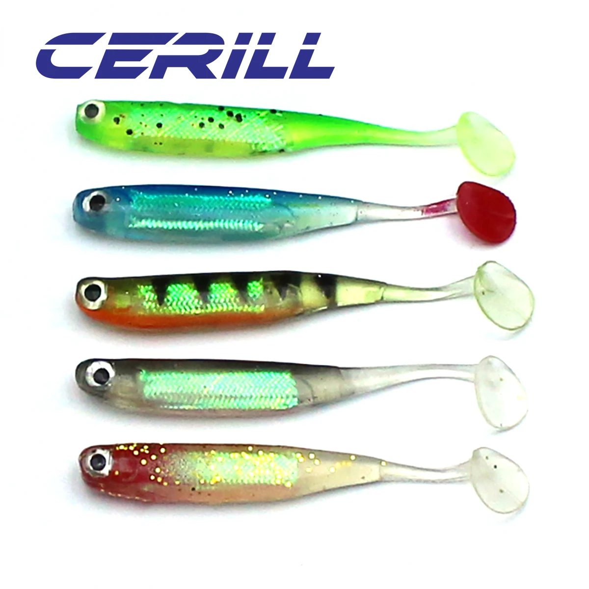 Ceril-señuelo de pesca brillante Artificial, 5 piezas, 9cm, 7cm, diseño de cola de paleta, inserción de papel de aluminio para trucha, aparejos Swimbait - imagen 3