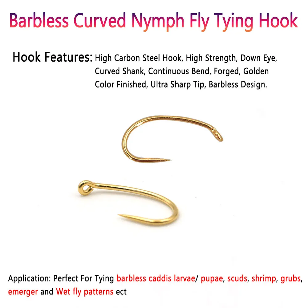50 piezas # 14 # 16 # 18 # 20 anzuelos de atado de moscas curvados dorados sin púas Caddis Pupae larvas Scud camarones zumbador trucha Señuelos de pesca - imagen 2