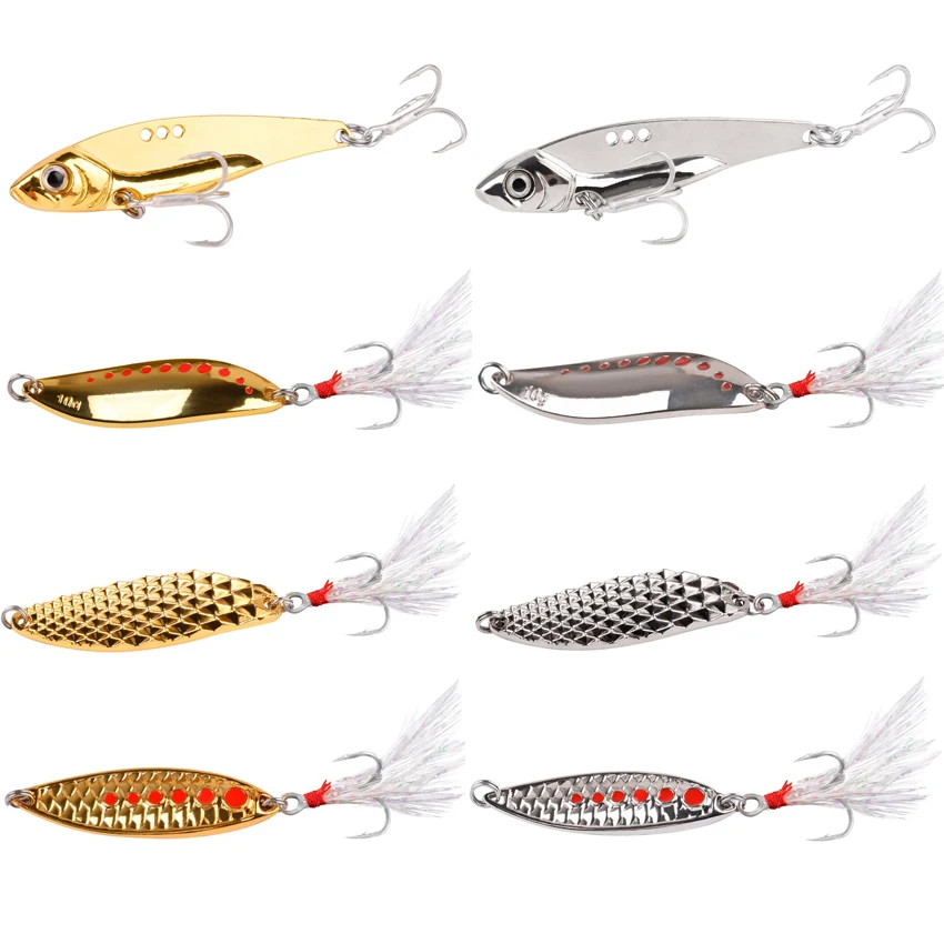 Juego de señuelos giratorios de Metal de 8 unids/set, Set de ganchos de pesca de oro y plata, 7g, 7,5g, señuelos giratorios de pesca de lentejuelas, anzuelos triples, cebo duro - imagen 2