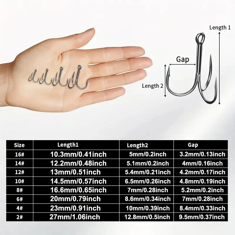 100/50 unids/caja súper afilado tres anzuelos de ancla pesca en el mar púas triples anzuelos de acero al carbono para plantilla carpa aparejos de señuelo de pesca - imagen 4