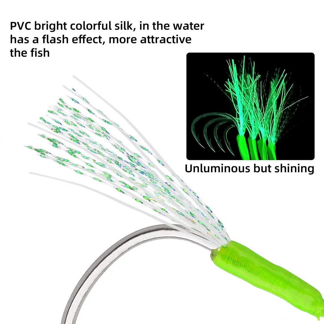 Anzuelos de ayuda para plantilla, 5 uds., línea de acero inoxidable de alta resistencia, tubo luminoso, pluma, anillo sólido, anzuelo de Jigging, anzuelos de pesca para barcos - imagen 5