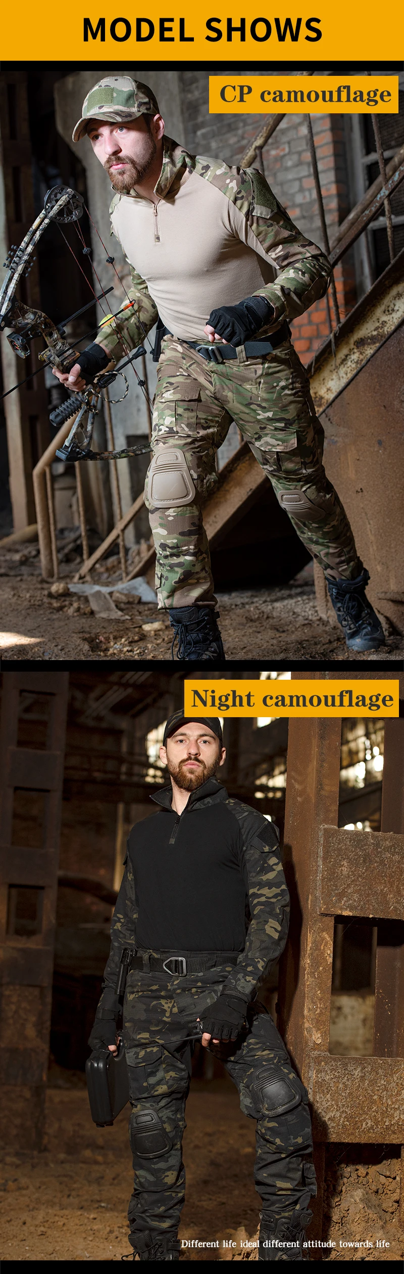 Dos patrones de camuflaje diferentes usados ​​por una persona en lo que parece ser un modelo o contexto promocional. La mitad superior de la imagen muestra un patrón de camuflaje CP, que parece ser un tipo de camuflaje diseñado para usarse en diversos entornos.