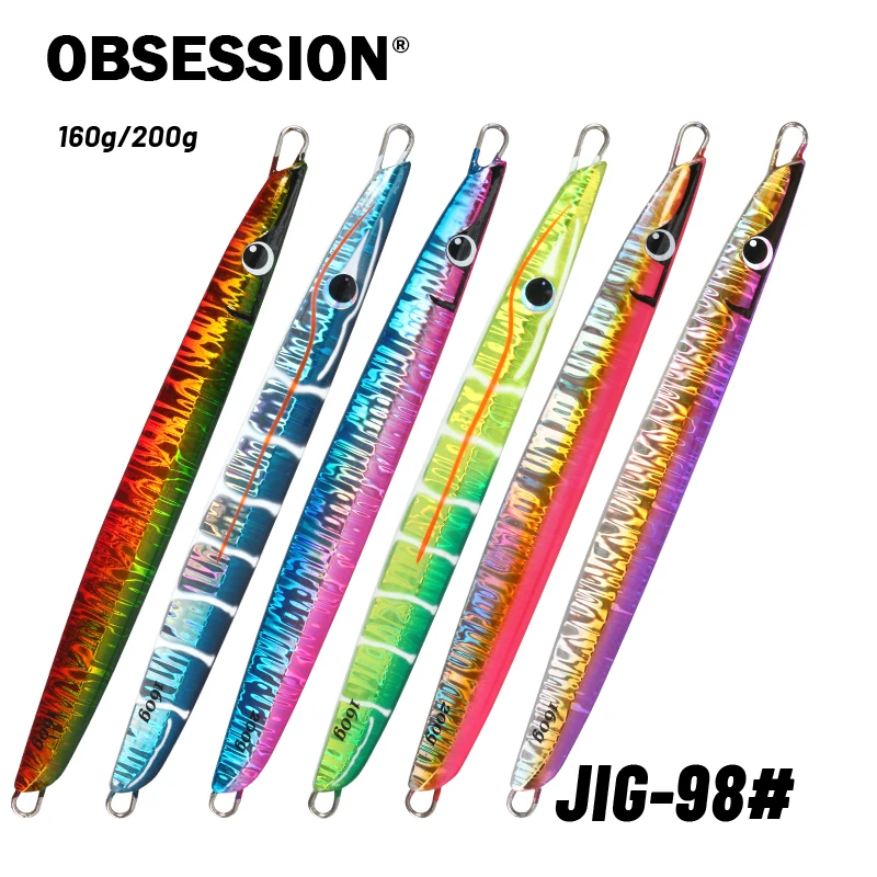 OBSESSION J98 160g 200g pesca luminosa cebo de Jigging de Metal revestimiento láser plantillas duras señuelo agua salada señuelos de plantilla de hundimiento rápido