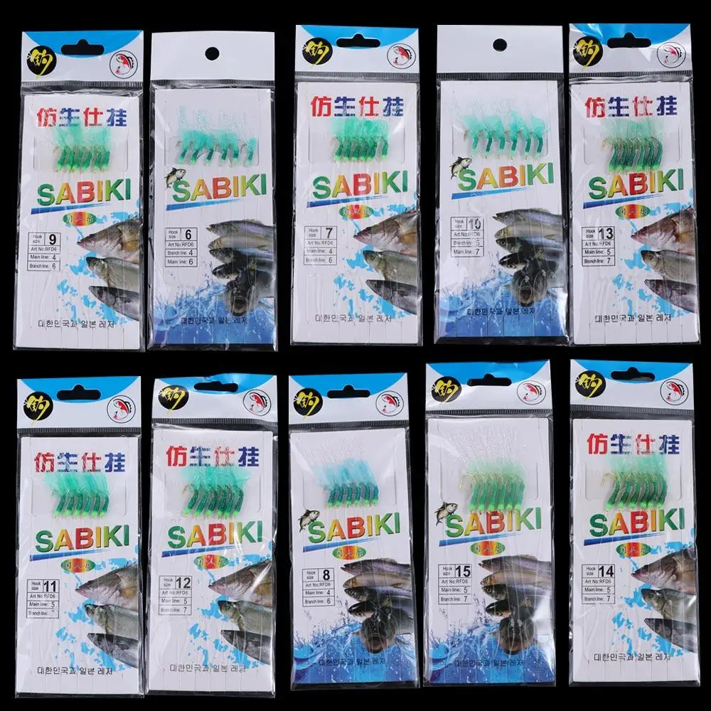 Aparejos de pesca de mar, señuelos de goma verde, anzuelo dorado, aparejos de pesca de mar Sabiki, señuelos verdes, anzuelos atados dorados, pesca en la playa y el océano - imagen 4