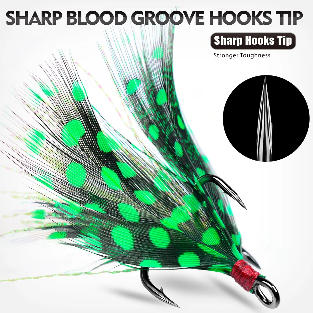 10 ganchos triples de asistencia con plumas # 2-10 Pesca con mosca anzuelo de púas individuales con plumas Señuelos de Pesca de lubina accesorios de Pesca - imagen 5