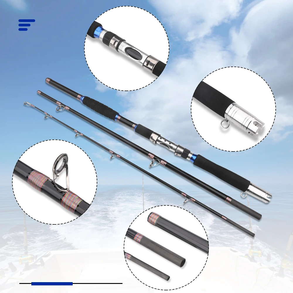 Caña de pescar de 3 secciones, gotero profundo de agua salada, caña de juego grande, caña de rodillo para barco convencional, caña de pescar de carbono