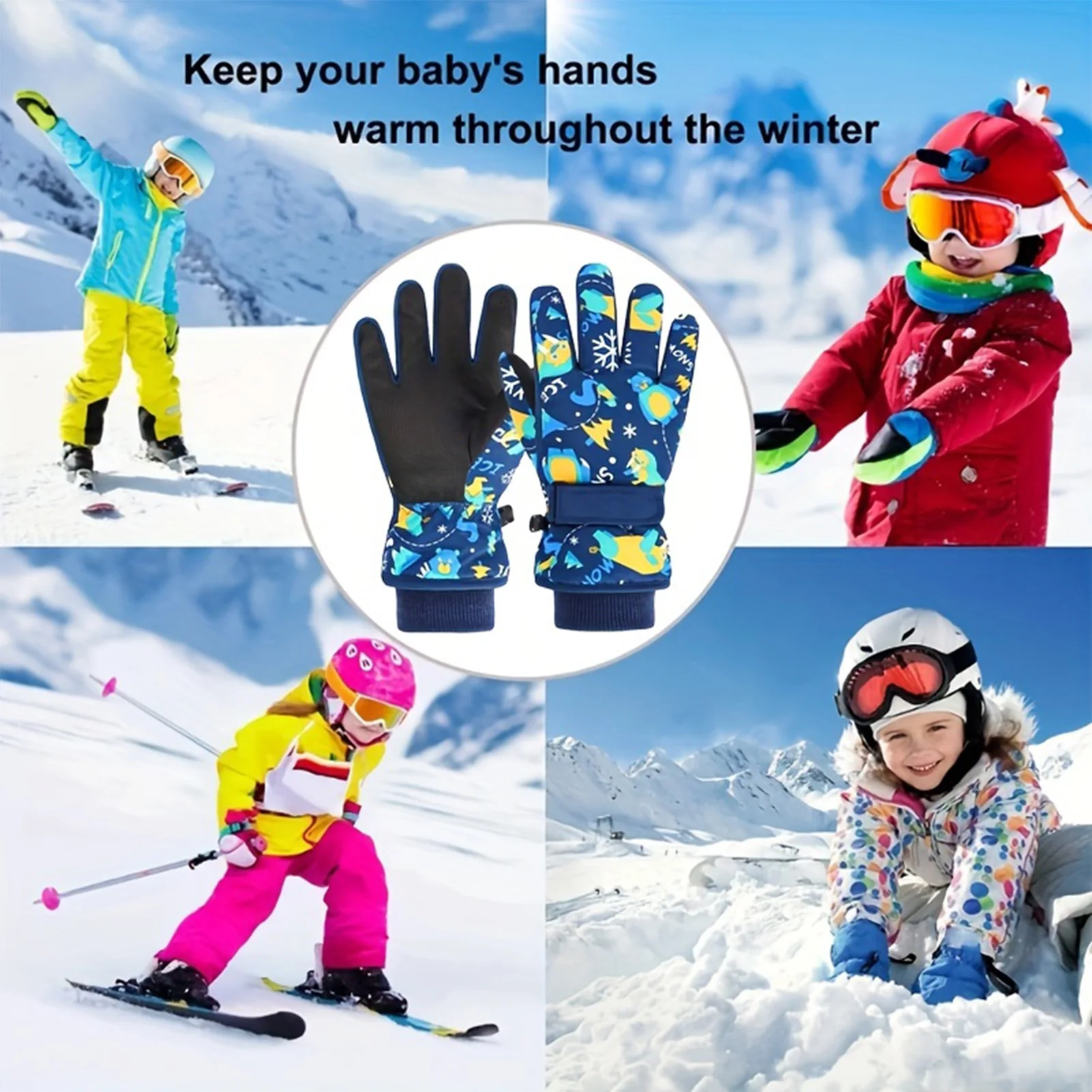 Guantes de esquí para niños, manoplas a prueba de viento para exteriores, guantes impermeables de felpa gruesos con dedos completos, guantes deportivos cálidos - imagen 3