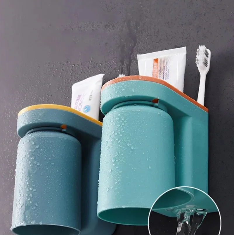 Soporte de cepillo de dientes multifunción sin perforaciones para baño, taza de cepillo de dientes de 1-2 piezas, tazas montadas en la pared, productos de plástico para gárgaras, hogar - imagen 4