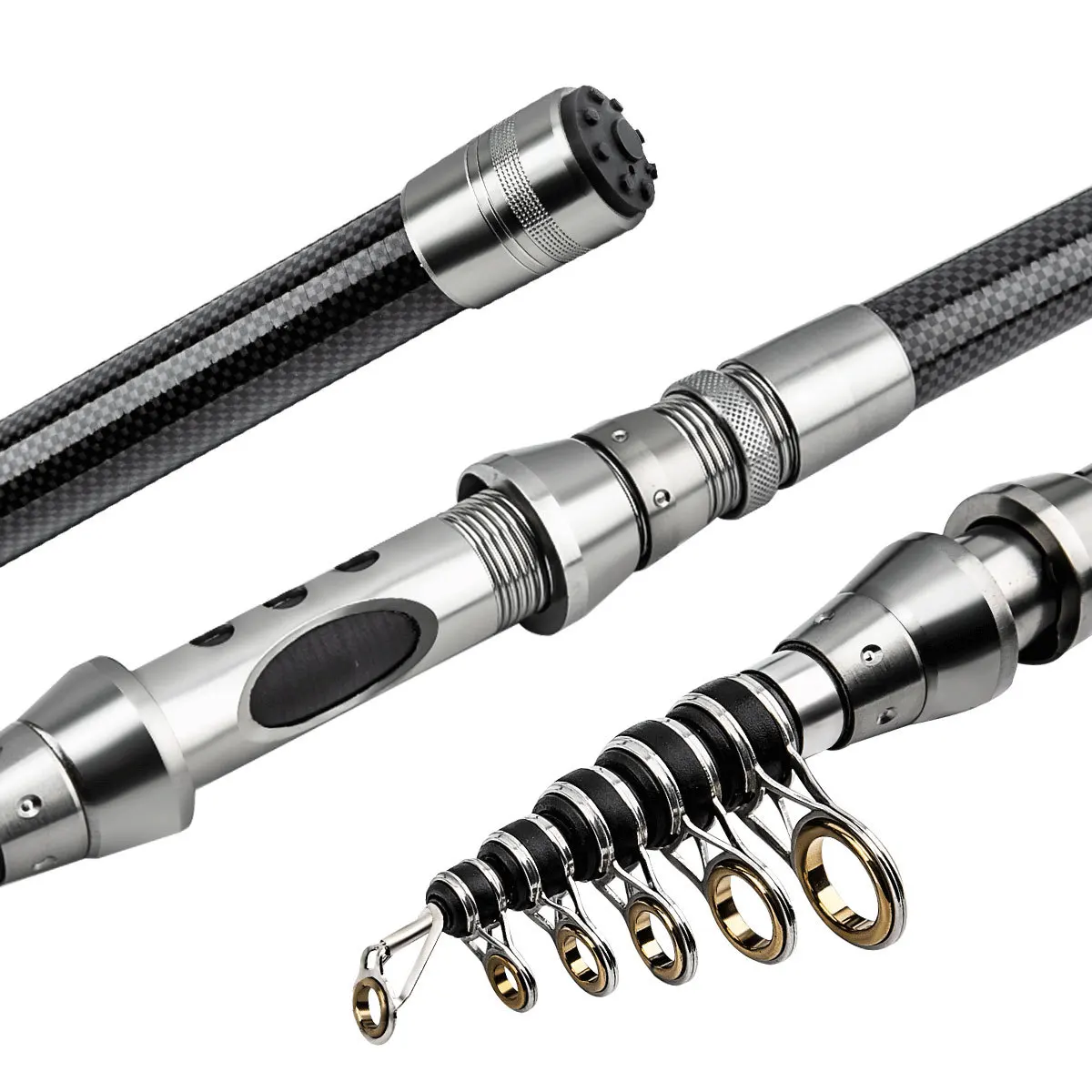 Caña de pescar de viaje de fibra de carbono, caña giratoria de agua salada resistente a la corrosión, 5 secciones plegables con bolsa de transporte para playa - imagen 2