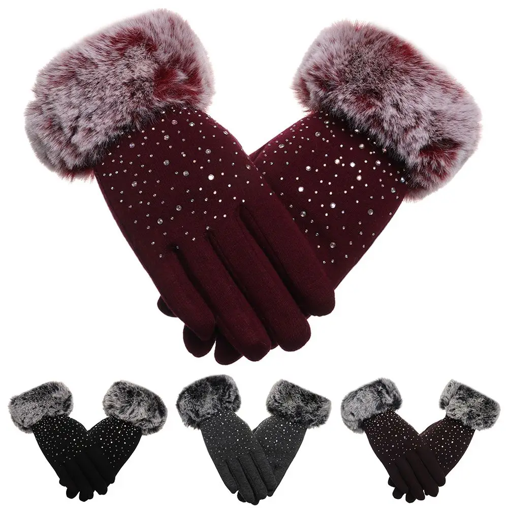 Invierno espesar cálido Rhinestone más terciopelo brillante guantes de piel sintética guantes de cachemira manoplas para pantalla táctil - imagen 2