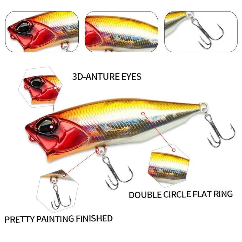 Señuelo Popper de 9g y 64mm para pesca, cebos de sonajero, cebo duro Artificial Topwater, Wobblers para lubina, equipo de pesca - imagen 5