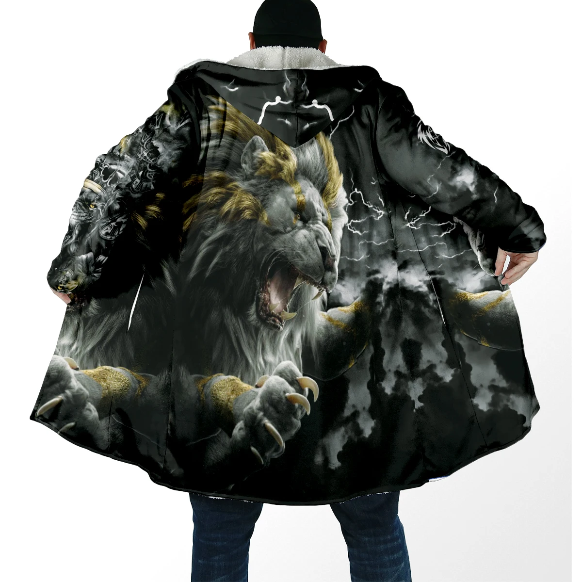 Capa de invierno de lana gruesa con capucha y estampado 3D de león - imagen 2