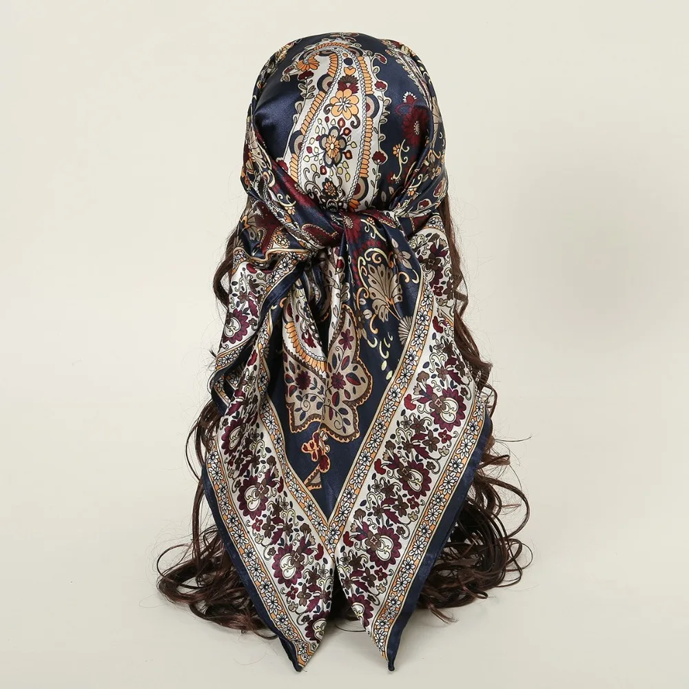 Mode Gedrukt Vrouwen Hoofddoek Satijn Zijde 90*90 cm Grote Haarbandana Zachte Vierkante Vrouwelijke Sjaal Wrap - imagen 3