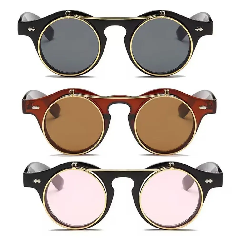 Gafas de sol con tapa y montura redonda, lentes protectoras para el sol, estilo Punk, de doble capa, color negro - imagen 4