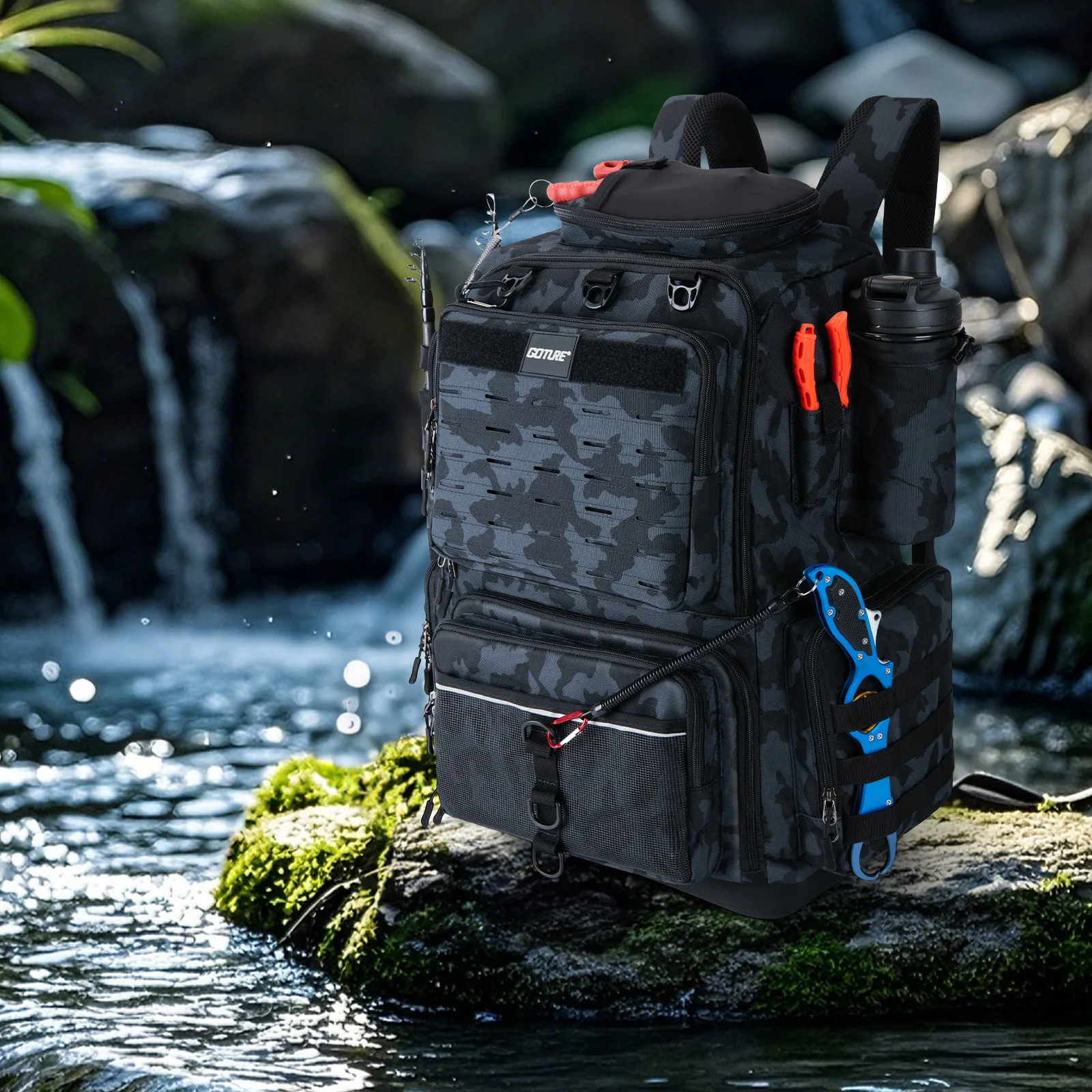 Mochila de pesca impermeable Goture – Fondo duro con portacañas