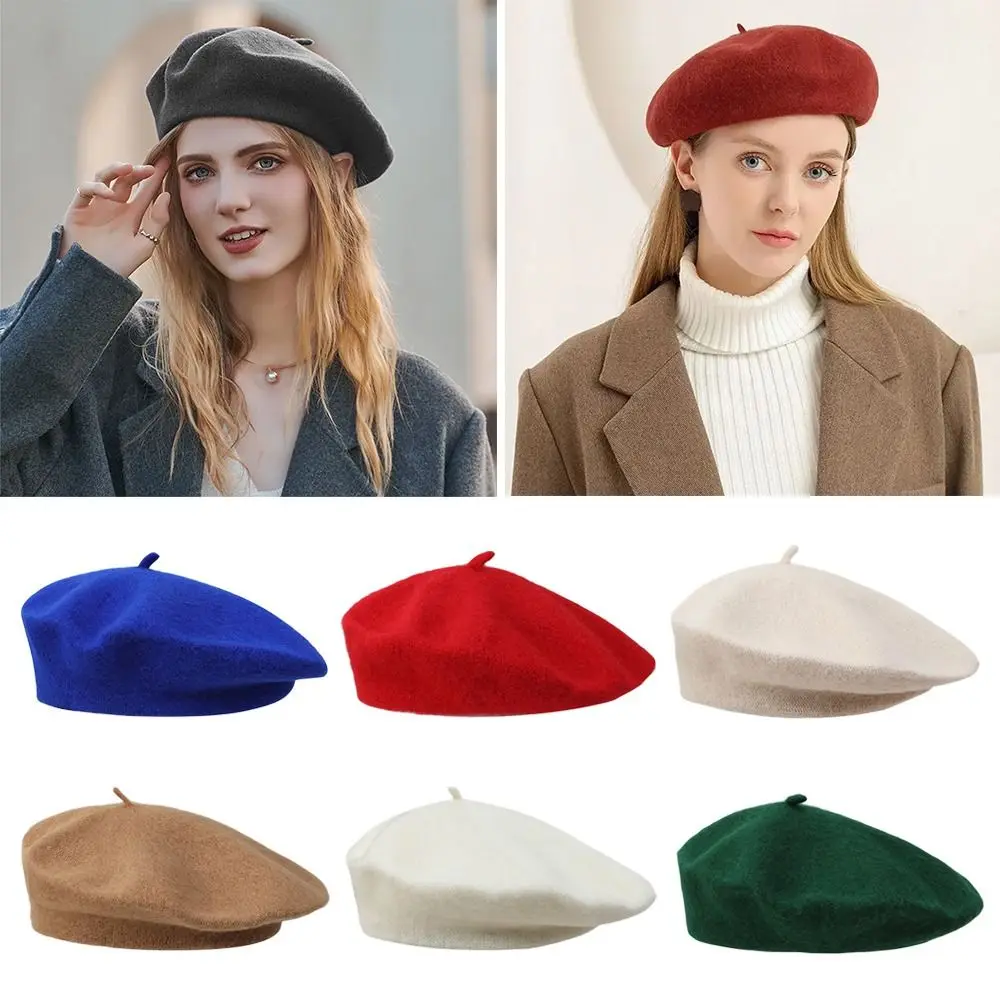 Boinas de lana cálidas para invierno, gorro liso Retro de Color sólido, gorro elegante que combina con todo, sombrero de artista francés para mujer - imagen 3