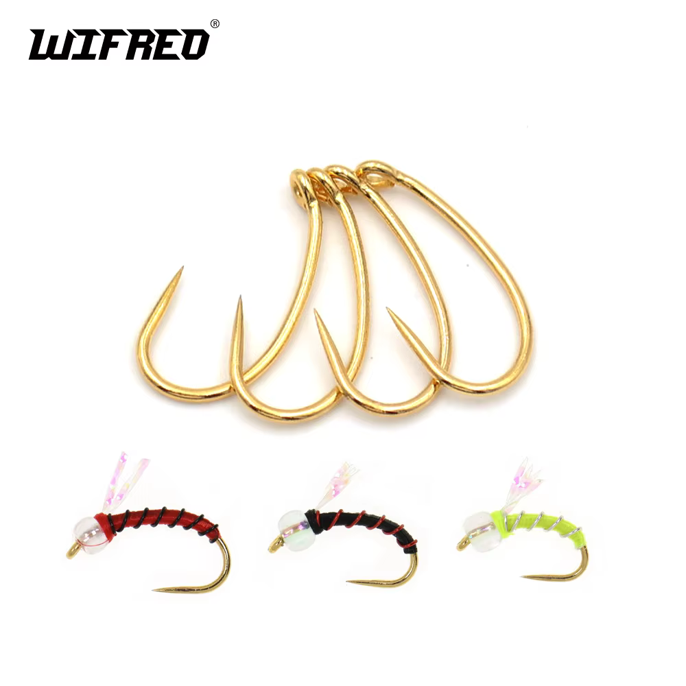 Wifreo, 100 Uds., anzuelo curvo sin púas para atar moscas de ninfa, anzuelo de pesca con mosca de ojo dorado para Scud Pupae San Juan, gusanos, señuelos de trucha
