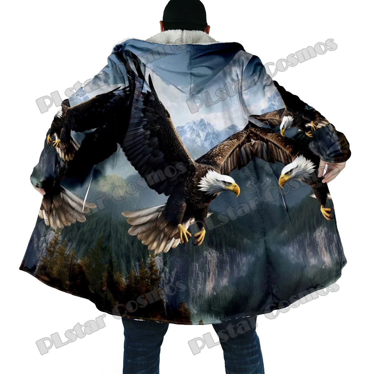 Capa con capucha de lana gruesa con estampado 3D de águila de Animal para hombre, abrigo cálido informal Unisex, moda de invierno, DP45 - imagen 5