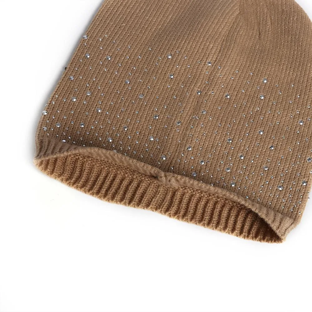 Gorro de punto informal, elegante y brillante para mujer, gorro de punto cálido de algodón, gorros con decoración de diamantes de imitación suaves, gorro Unisex - imagen 3