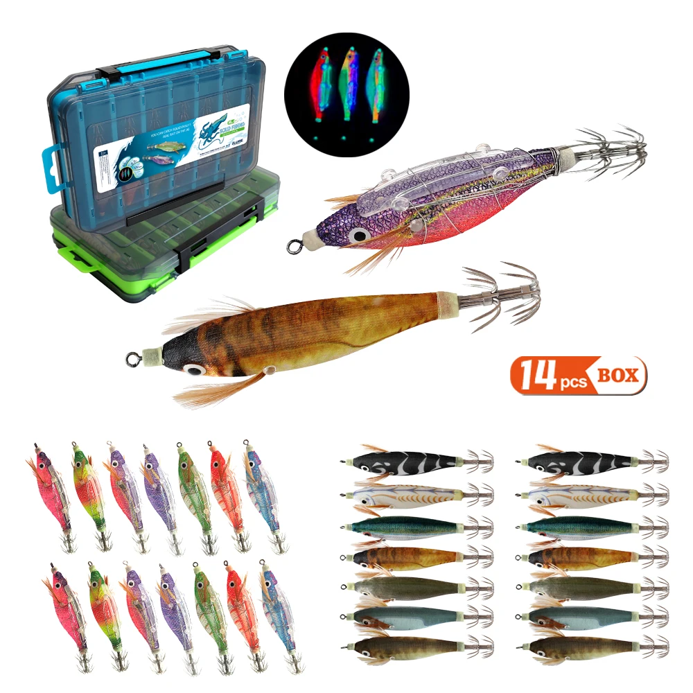 Anzuelo de calamar luminoso con caja de camarones, señuelo de madera para pesca de camarones, Jig de sepia, aparejos de pesca de mar, 28 piezas, nuevo