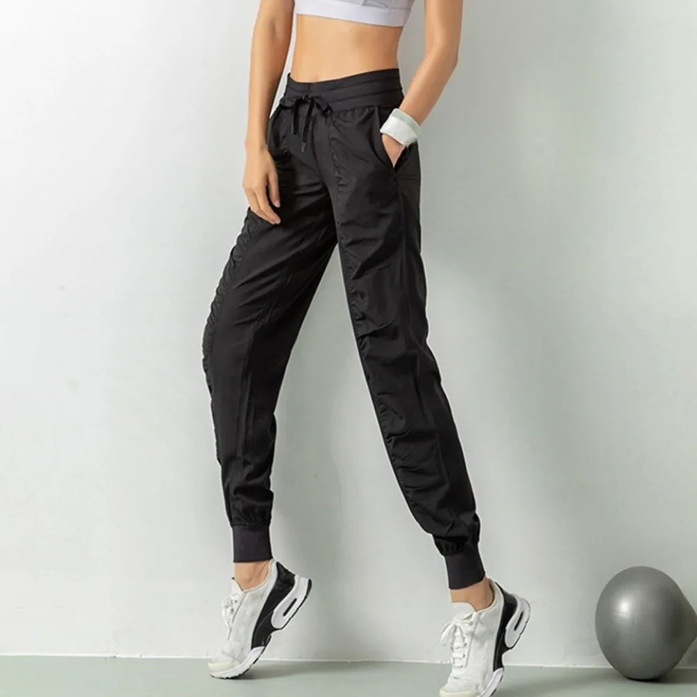 Pantalones para correr arrugados para gimnasio, pantalones de Yoga de cintura alta cónicos, pantalones largos transpirables para Fitness - imagen 3