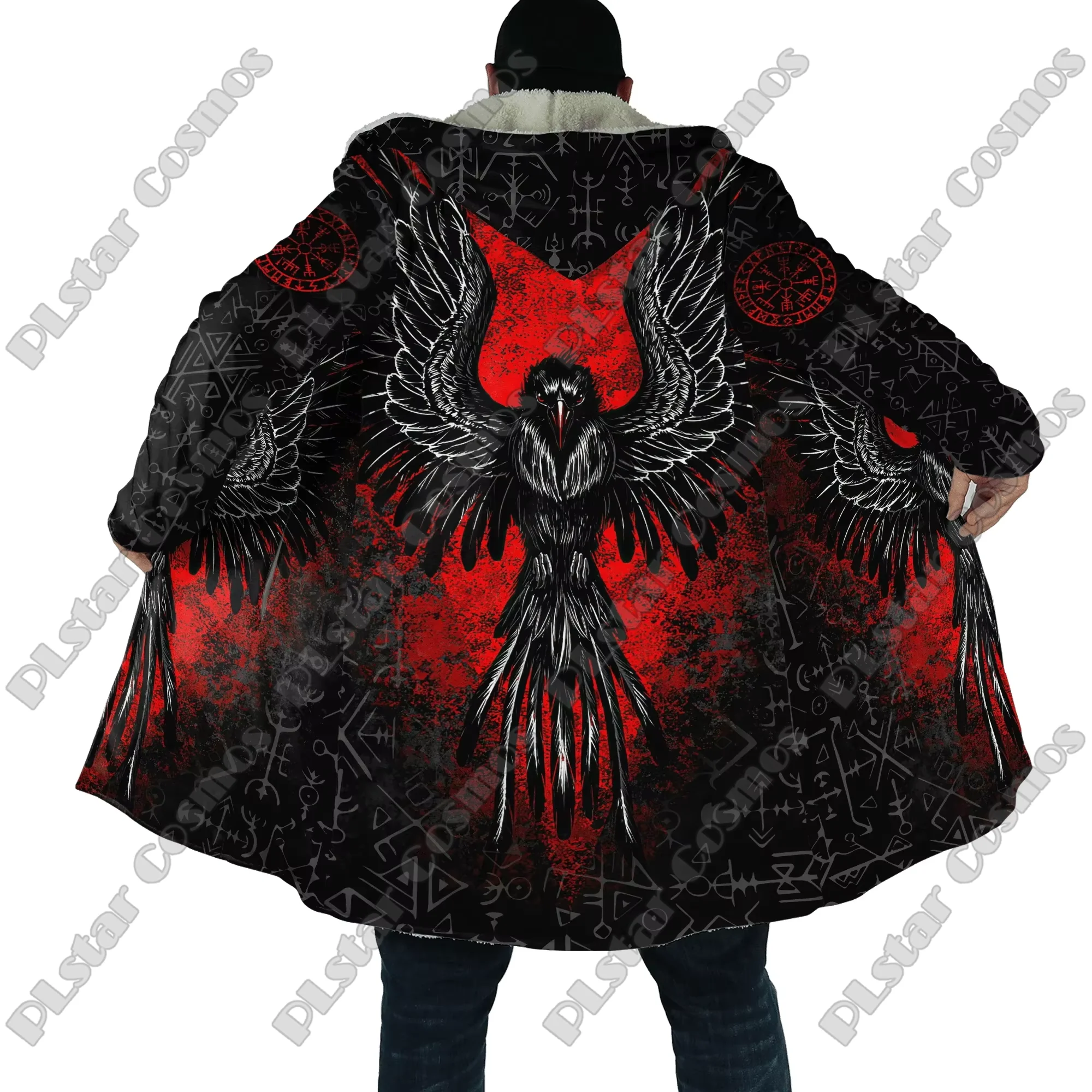 DP22 Capa polar con capucha – Estampado 3D lobo y dragón para hombre