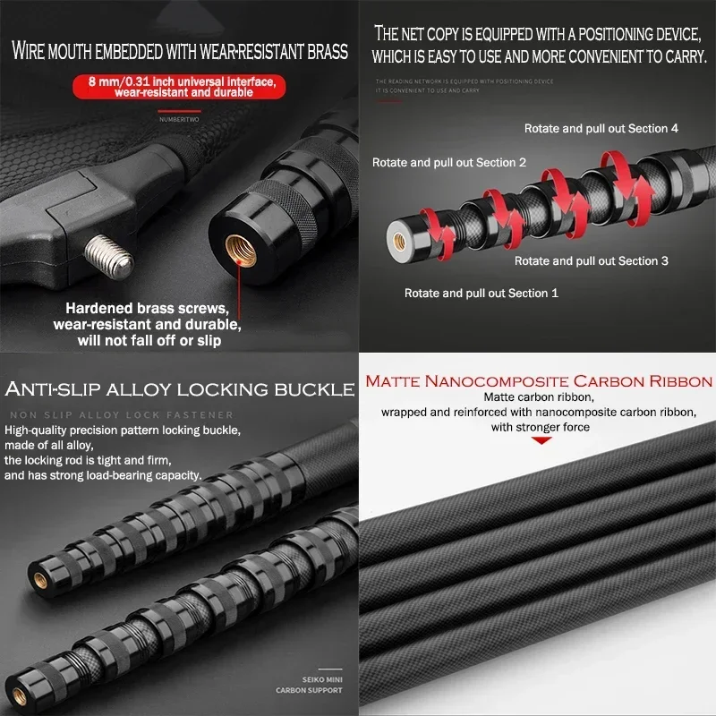 1 Juego de varillas de red de carbono antideslizantes, red de cuchara de sección corta, bolsa de red de pesca de caña telescópica de objetos grandes súper dura - imagen 3