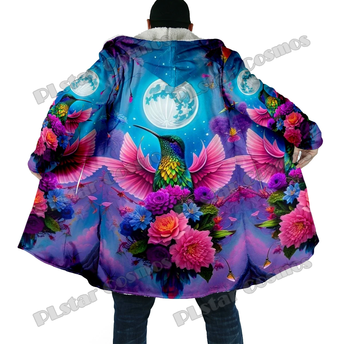 Capa de invierno a la moda para hombre, capa con capucha de lana gruesa con estampado 3D de jardín de colibrí y animales, capa cálida informal Unisex BB39 - imagen 3