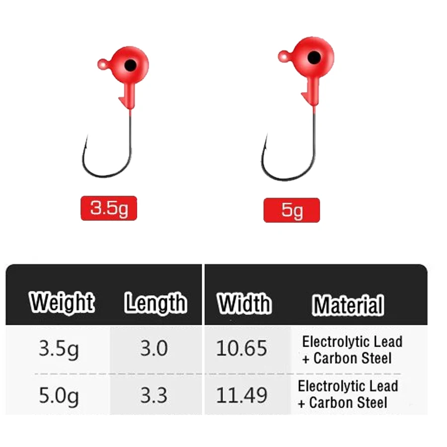 Juego de 5 cabezales de anzuelo de pesca de 3,5g y 5g, anzuelos de pesca de bola redonda roja para lubina Swimbait de agua dulce y salada - imagen 5