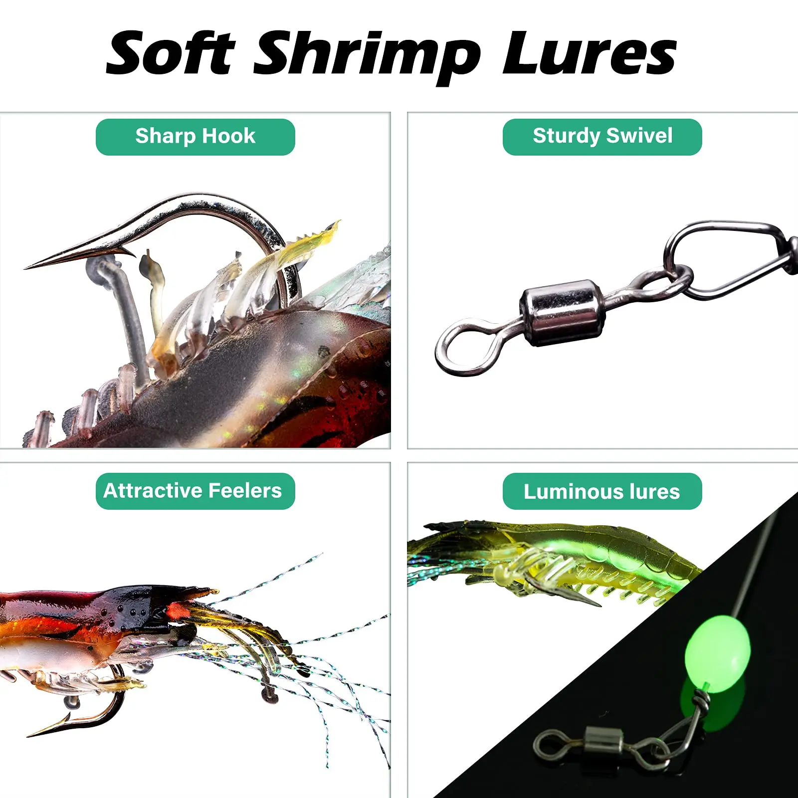 Señuelos de pesca de camarones suaves Goture, juego de cebo luminoso para camarones de agua salada, Señuelos de pesca con anzuelos afilados para agua dulce y salada - imagen 5