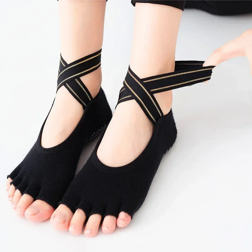 Calcetines de Yoga con correas cruzadas de cinco dedos, calcetines transpirables antideslizantes sin costuras para Ballet, danza, Pilates, Fitness, gimnasio, deporte, calcetines de medio dedo - imagen 5