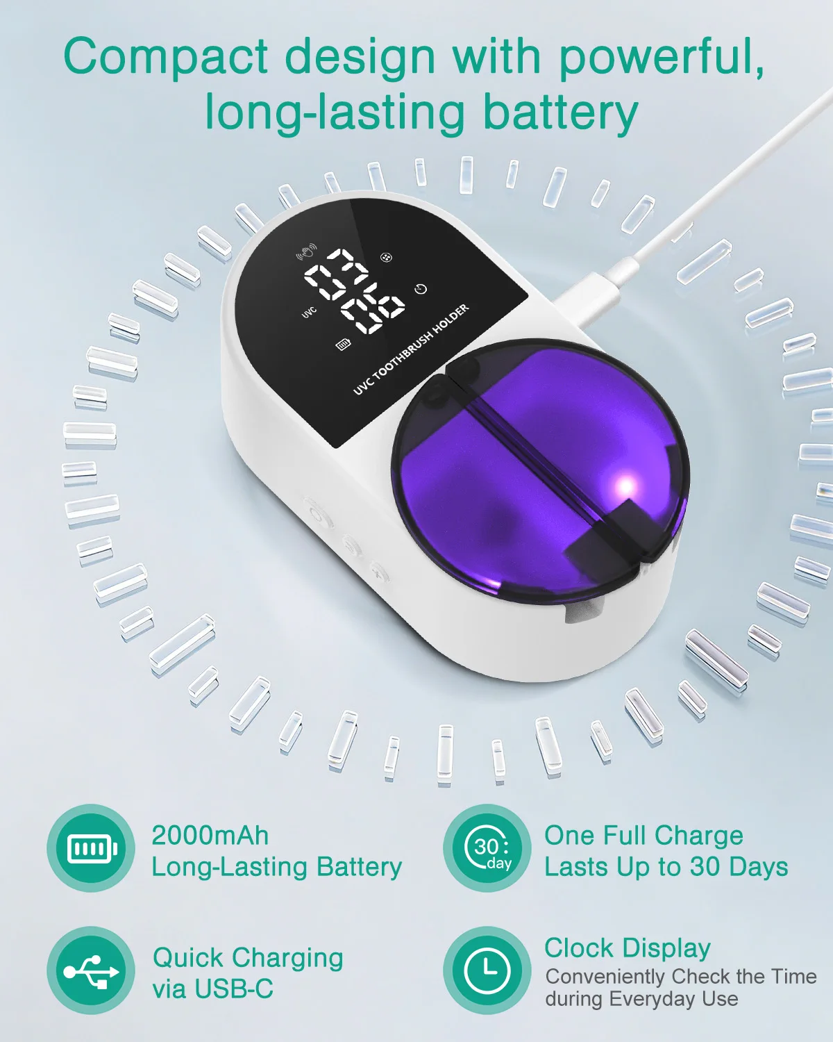 Esterilizador UV-C Doble para Cepillos de Dientes con Reloj LED - imagen 2